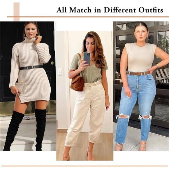 Womens Leather Belt Set Gold Buckle Belts for Jeans Dresses Pants Size 37-41 in